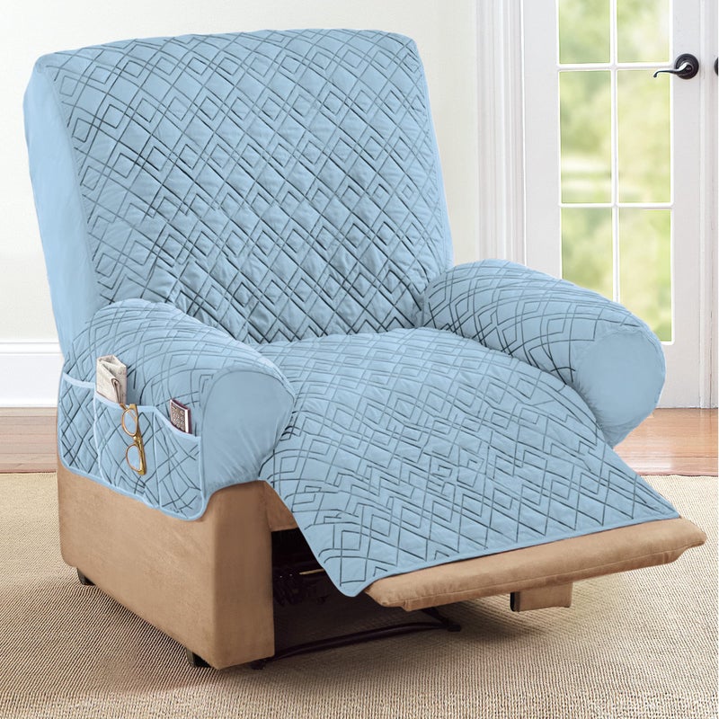Collections Etc Diamond-Shape Quilted Stretch Recliner Cover with Storage Pockets and Elastic Straps - Furniture Protector - Image 2